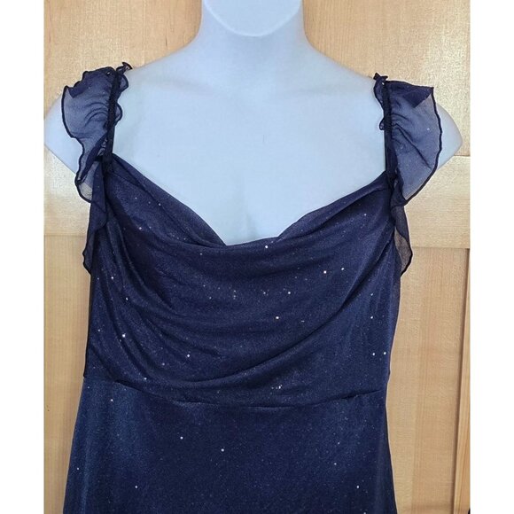 Navy Blue Sparkle Midi Dress With Ruffle Straps & Bow Back homecoming formal - Picture 3 of 5